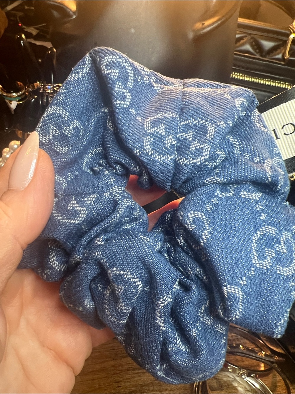 Blue Denim Logo Scrunchie with Gold Double-G Accent - Picture 4 of 4